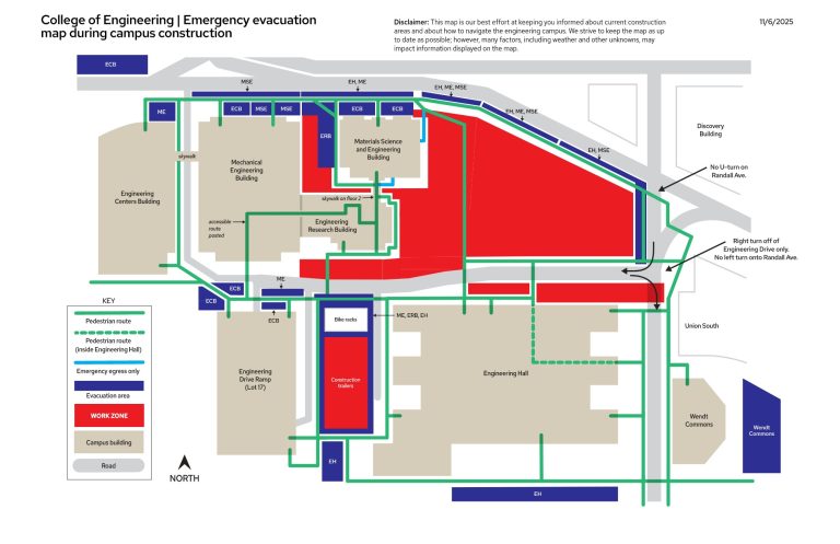 A map displaying the ongoing construction areas on the engineering campus.