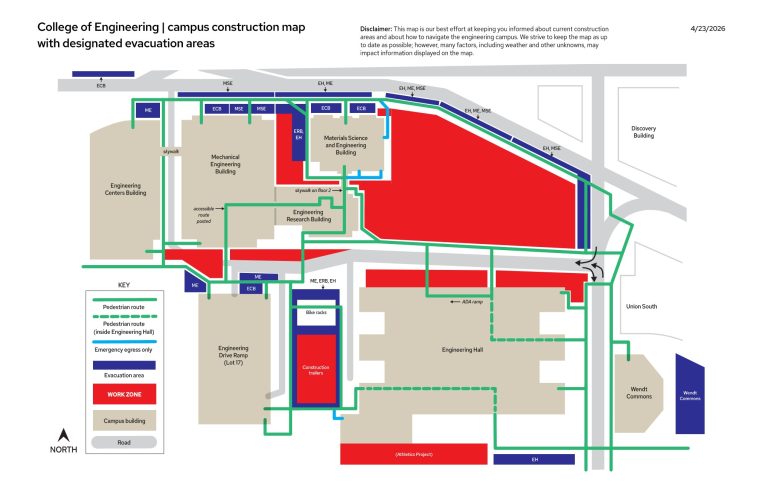 A map displaying the ongoing construction areas on the engineering campus.