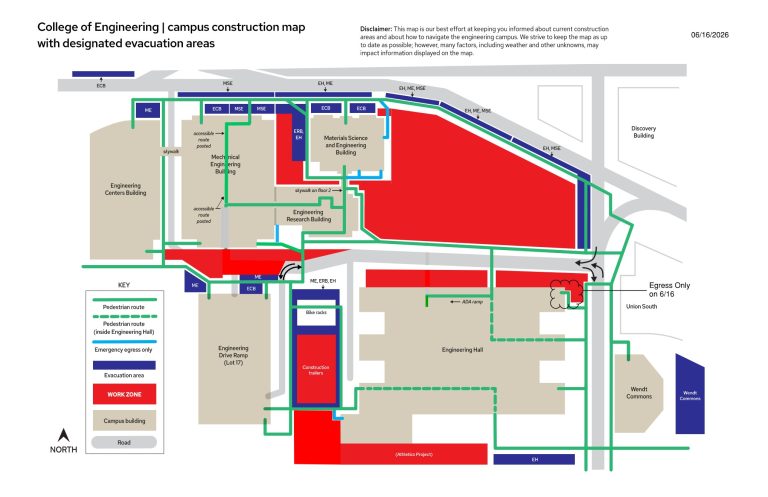 A map displaying the ongoing construction areas on the engineering campus.