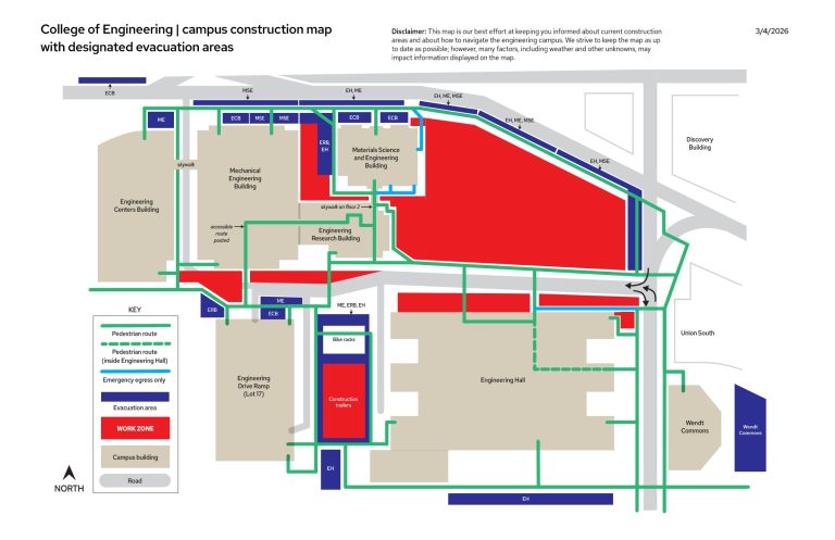 A map displaying the ongoing construction areas on the engineering campus.