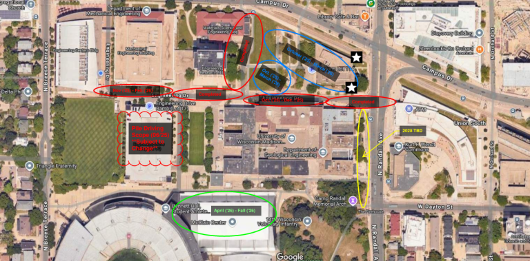 A map displaying the pile driving areas on the engineering campus.