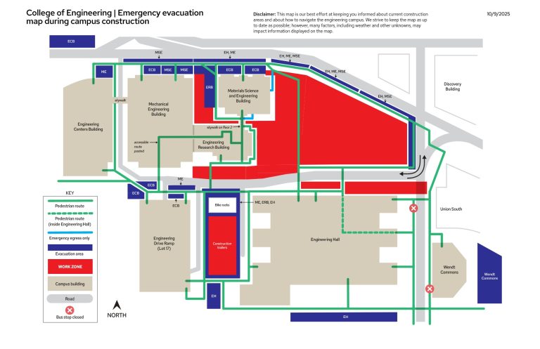 A map displaying the ongoing construction areas on the engineering campus.
