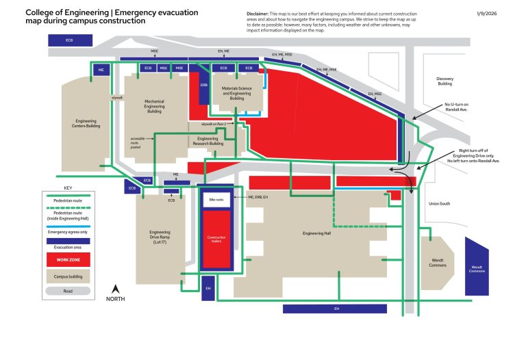A map displaying the ongoing construction areas on the engineering campus.