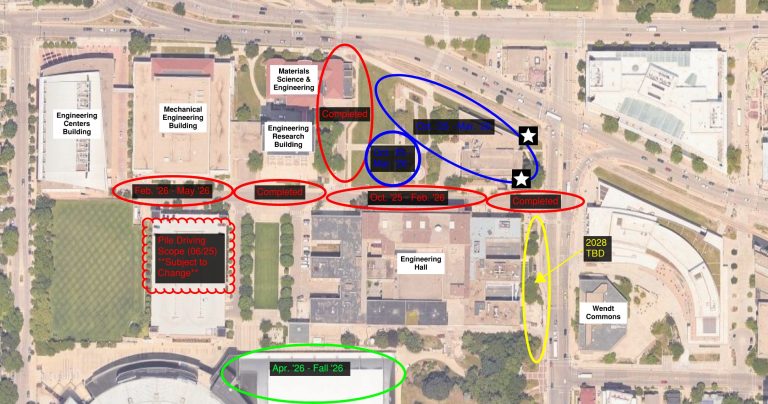 A map displaying the pile driving areas on the engineering campus.