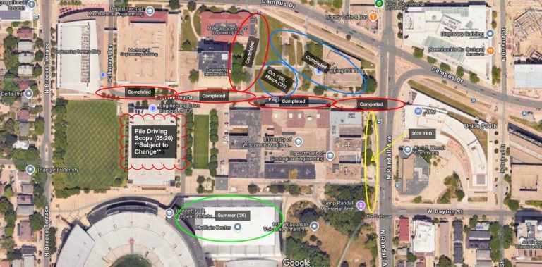 A map displaying the pile driving areas on the engineering campus.