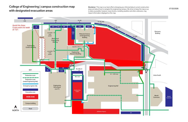 A map displaying the ongoing construction areas on the engineering campus.