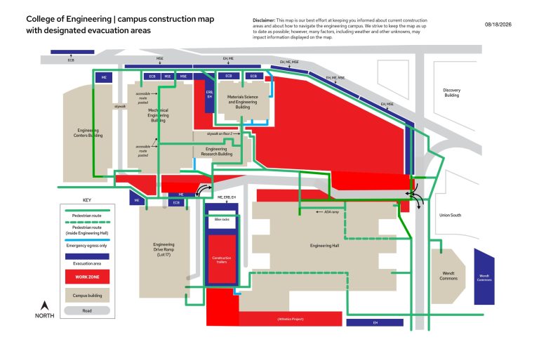 A map displaying the ongoing construction areas on the engineering campus.
